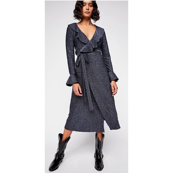 Free People Dresses & Skirts - FREE PEOPLE One More Time Navy Sparkly Wrap Dress